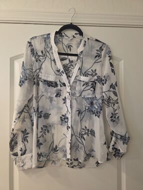 G By Guess Sheer Floral Button-Up Shirt in White and Blue